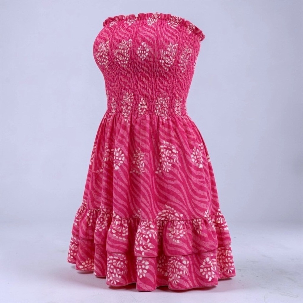 Moda International Pink Batik Smocked Strapless Ruffle Mini Dress Womens Medium